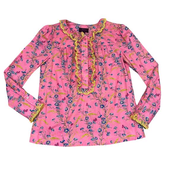J. Crew Tops - J Crew X Liberty Fabrics Size XS Pink Cotton Poplin Ruffle Blouse Wheat Bouquet